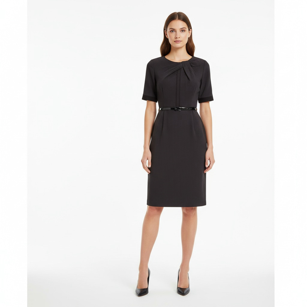 Anne Klein Sz 12 Black Textured Stretch Sheath Dress Belted LBD Workwear Career